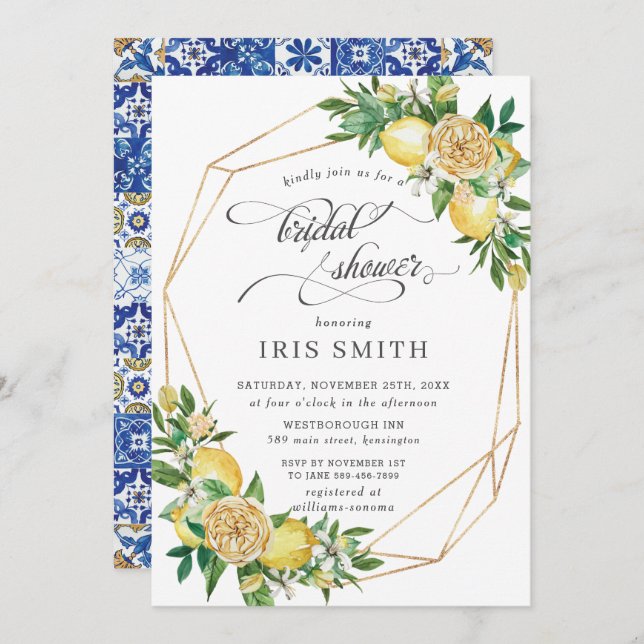Chic Lemon Floral Greenery Geometric Bridal Shower Invitation (Front/Back)