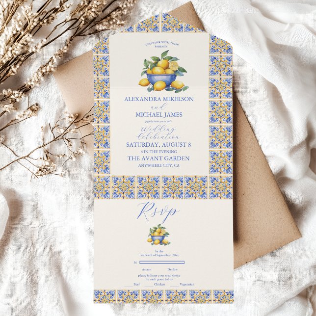 Chic Lemon Floral Greenery Mediterranean Wedding All In One Invitation (Creator Uploaded)