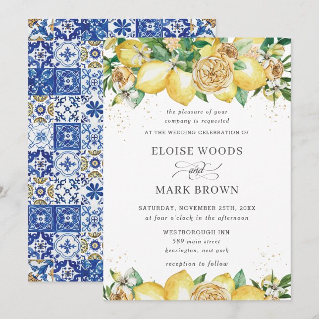 Chic Lemon Floral Summer Greenery Wedding Invitation (Front/Back)