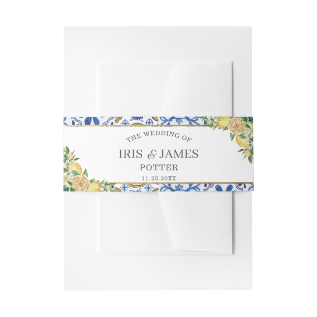 Chic Lemon Greenery Floral Gold Wedding Invitation Belly Band (Front Example)