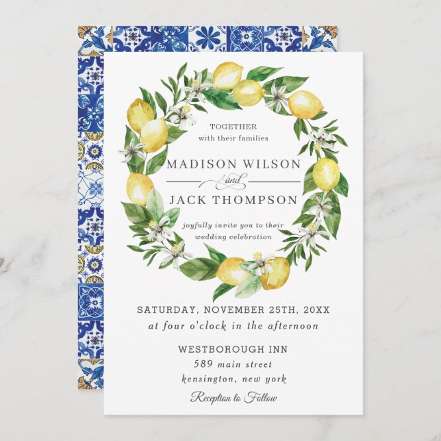 Chic Lemon Greenery Floral Wreath Wedding Invitation (Front/Back)