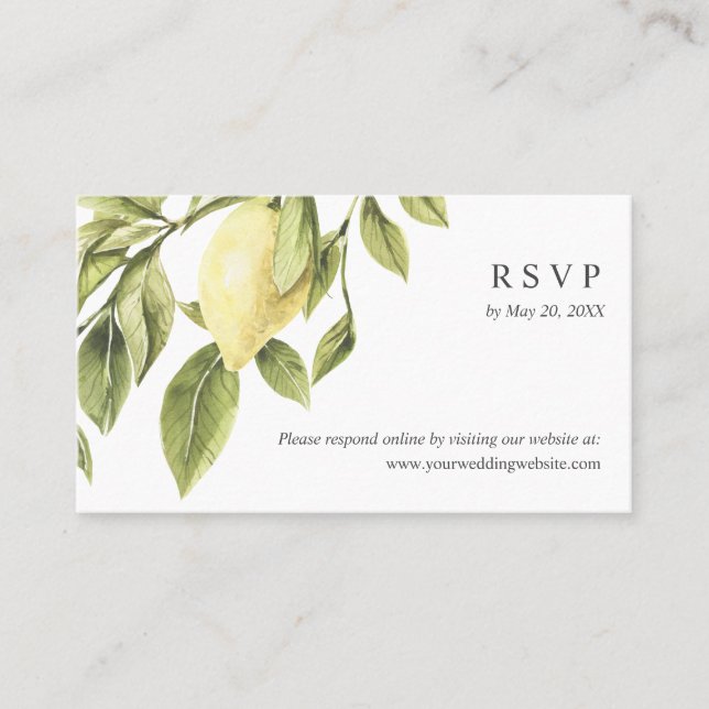 Chic Lemon  leaves Wedding  RSVP Online Website Business Card (Front)