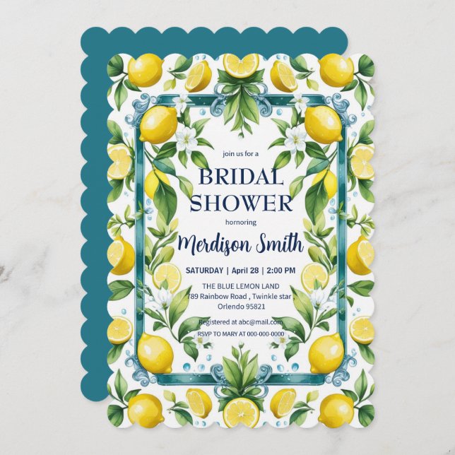 Chic Lemon Mediterranean Summer Bridal Shower   Invitation (Front/Back)