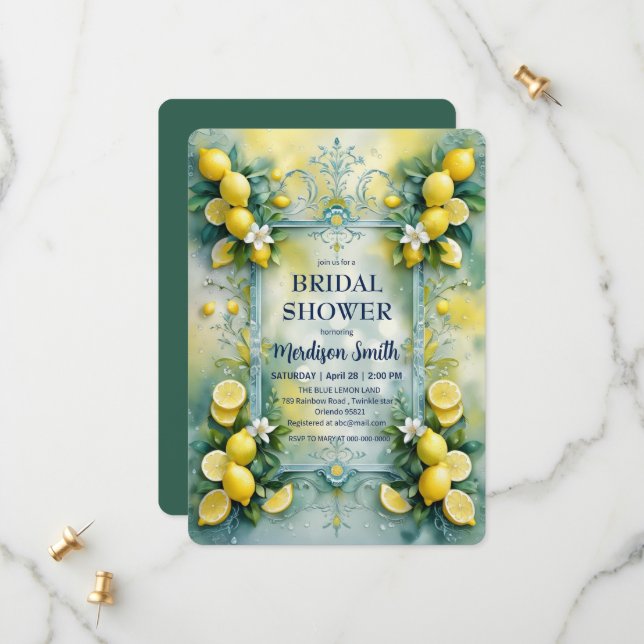 Chic Lemon Mediterranean Summer Bridal Shower   Save The Date (Front/Back In Situ)