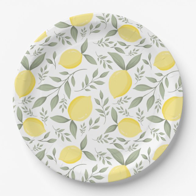 Chic Lemons and Leaves Pattern Monogram Paper Plate (Front)