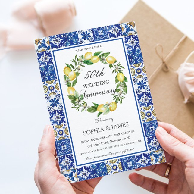 Chic Lemons Mosaic Tiles 50th Wedding Anniversary Invitation (Creator Uploaded)