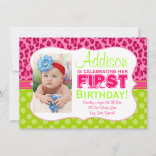 Chic Leopard & Polka Dots Lime Green & Pink Invite