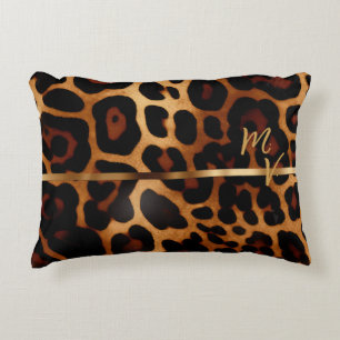 Chic Leopard Print and Gold Monogrammed  Decorative Cushion