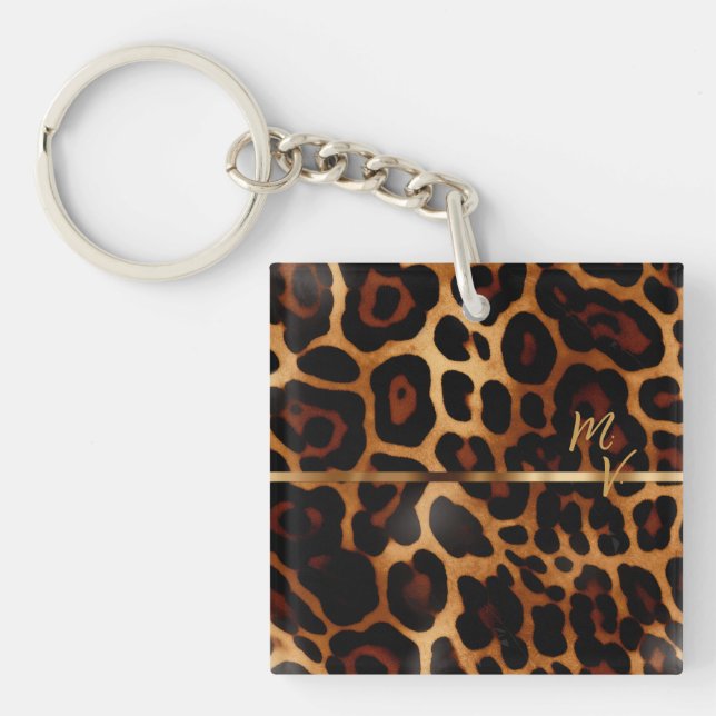 Chic Leopard Print and Gold Monogrammed  Key Ring (Front)