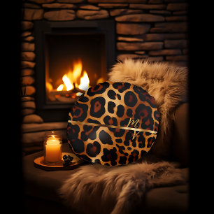 Chic Leopard Print and Gold Monogrammed Round Cushion