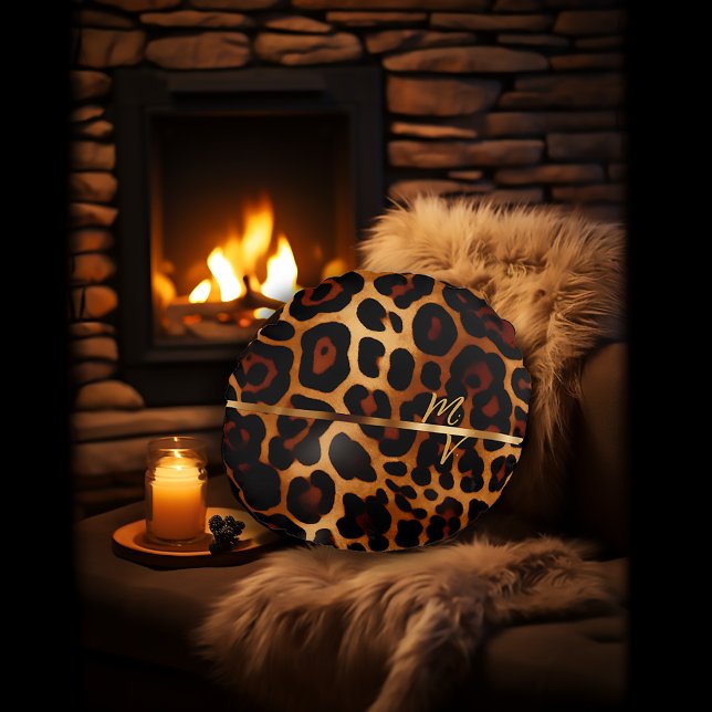 Chic Leopard Print and Gold Monogrammed  Round Cushion (Stylish Luxe Leopard-Print Decorative Throw Pillow )