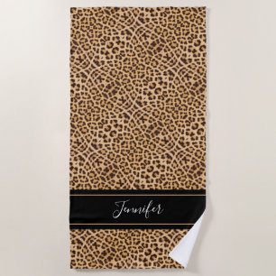 Chic Leopard Print Black Script Personalised Beach Towel