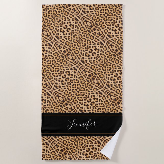 Chic Leopard Print Black Script Personalised Beach Towel (Front)
