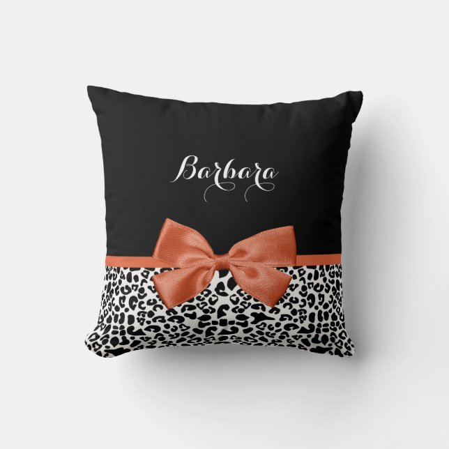 Chic Leopard Print Burnt Orange Bow With Name Cushion (Front)