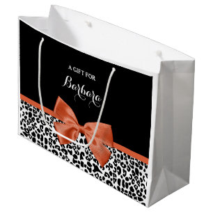 Chic Leopard Print Burnt Orange Bow With Name Large Gift Bag