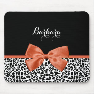Chic Leopard Print Burnt Orange Bow With Name Mouse Pad