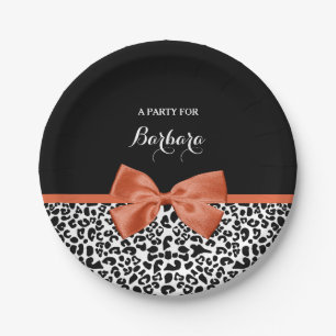 Chic Leopard Print Burnt Orange Bow With Name Paper Plate