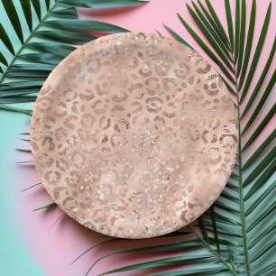 Chic Leopard Print Rose Gold Blush Sparkle Paper Plate