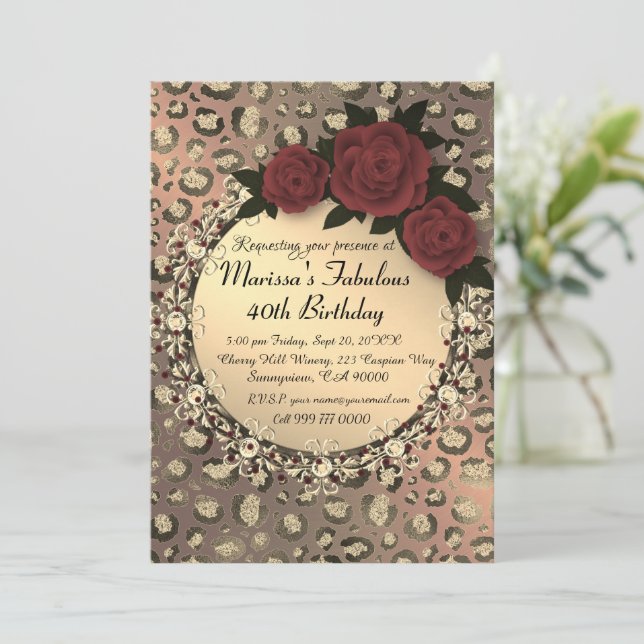 Chic Leopard Rose Fabulous 40th Birthday     Invitation (Standing Front)