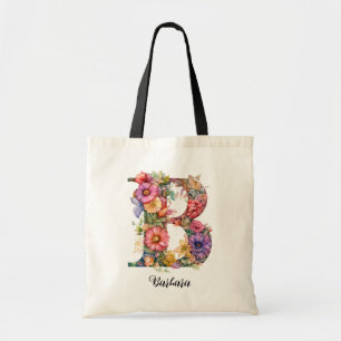 Chic Letter B Whimsical Floral Letter Monogram Tote Bag