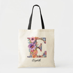 Chic Letter E   Whimsical Floral Letter Monogram Tote Bag