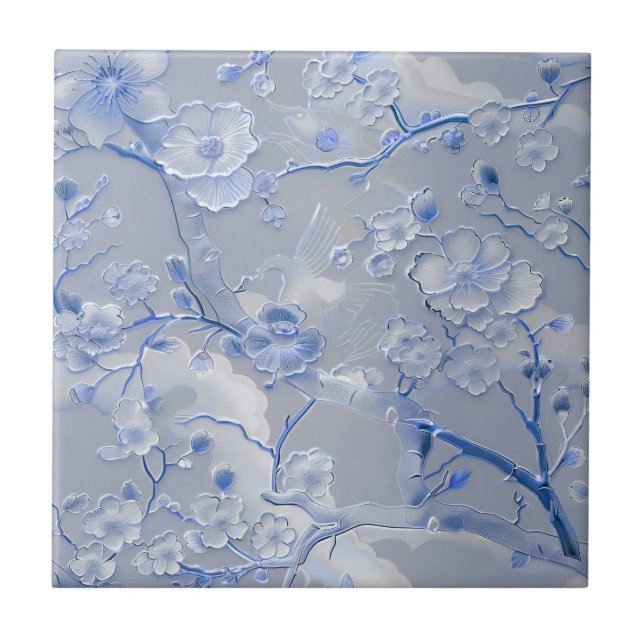 Chic light blue floral cloisonne tile (Front)