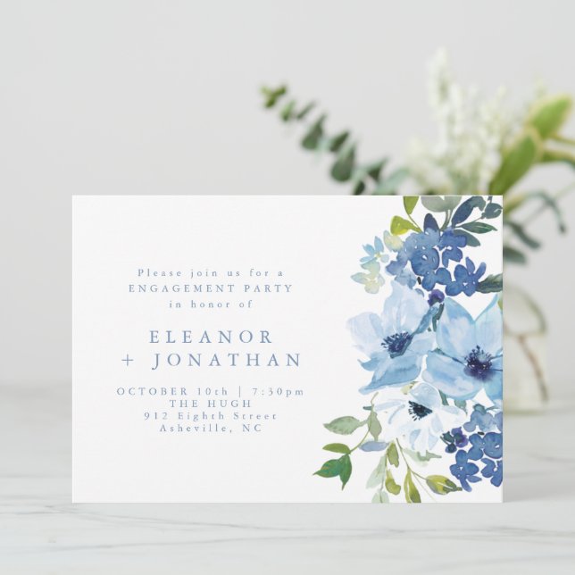 Chic Light Blue Watercolor Floral Engagement Party Invitation (Standing Front)