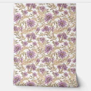 Chic light pastel purple and faux gold flowers wallpaper