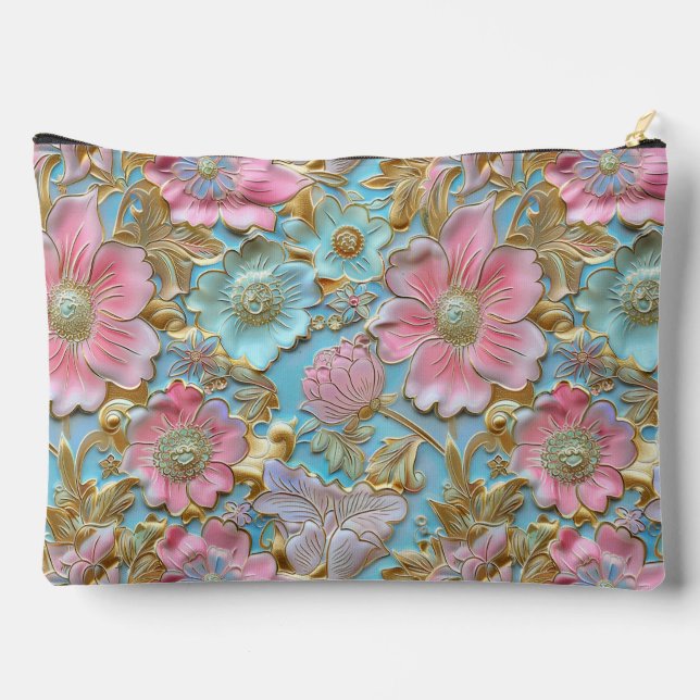 Chic light pink light blue floral pattern  accessory pouch (Back)