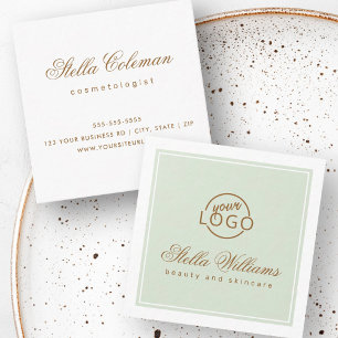 Chic light sage green custom logo minimalist square business card