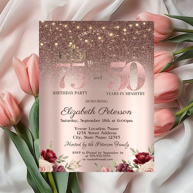Chic Lights,Burgundy Glitter, Rose Gold 75th  Invitation (Creator Uploaded)