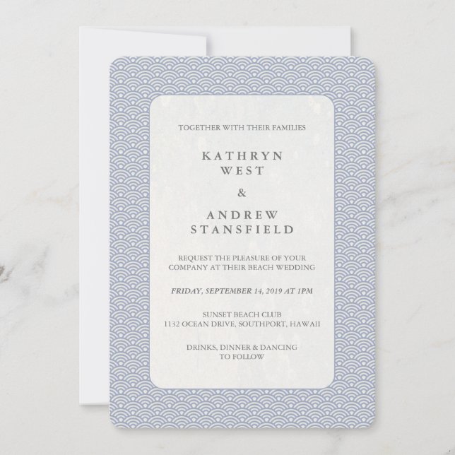 Chic Lilac-Blue + White Small Wave Pattern Wedding Invitation (Front)