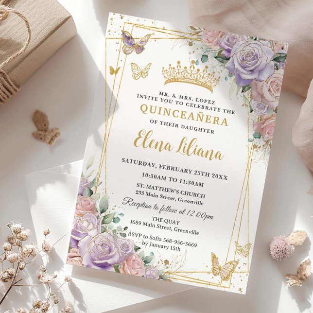Chic Lilac Blush Floral Roses Quinceanera Sweet 16 Invitation (Creator Uploaded)