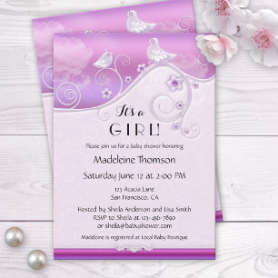 Chic Lilac Floral Bird Baby Shower Invitation