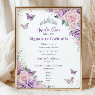 Chic Lilac Pink Floral Quinceanera Bar Drink Menu  Photo Print