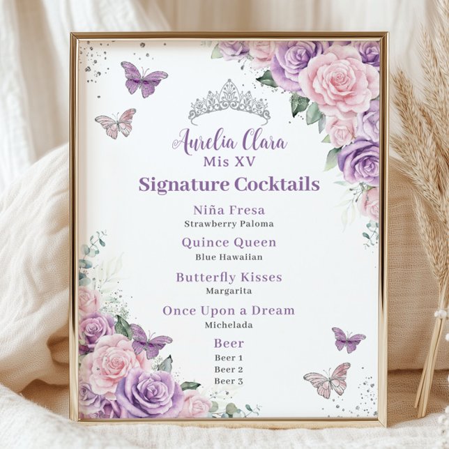 Chic Lilac Pink Floral Quinceanera Bar Drink Menu  Photo Print (Creator Uploaded)