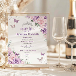 Chic Lilac Pink Floral Quinceanera Bar Drink Menu  Poster