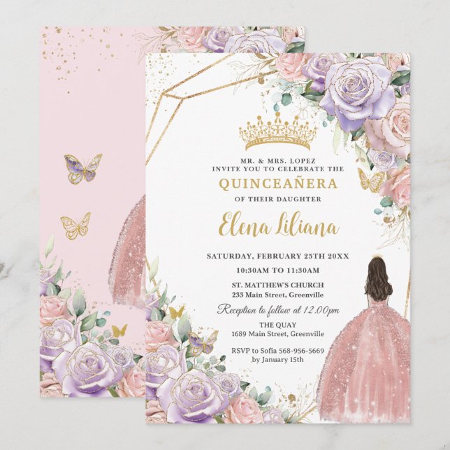 Chic Lilac Pink Floral Roses Quinceanera Sweet 16 Invitation (Front/Back)