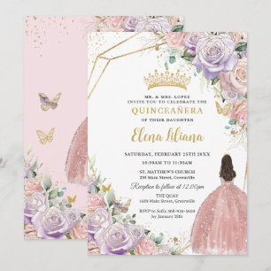 Chic Lilac Pink Floral Roses Quinceanera Sweet 16 Invitation
