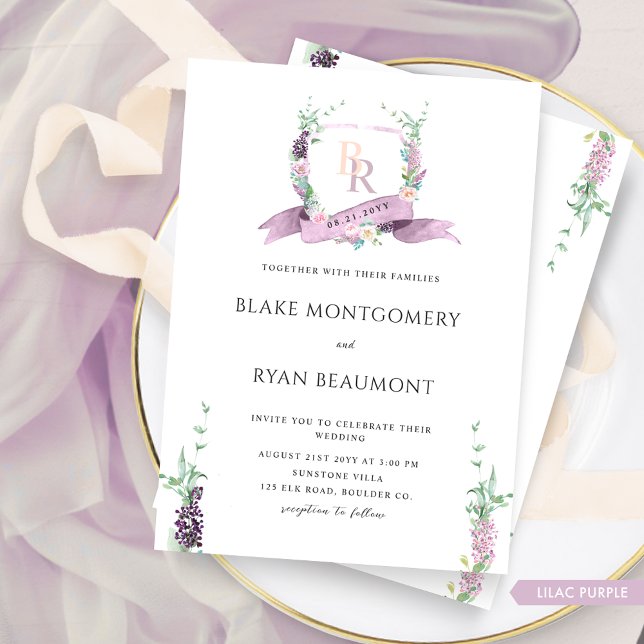 Chic Lilac Purple Pastel Floral Monogram Wedding Invitation (Creator Uploaded)