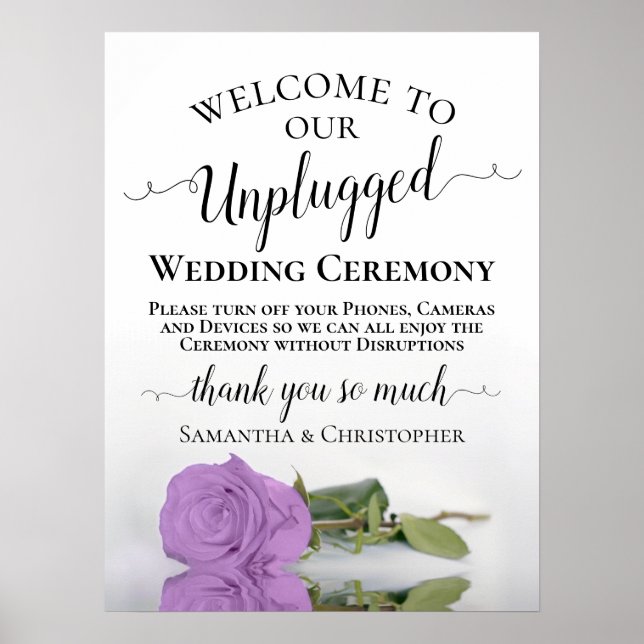 Chic Lilac Purple Rose Unplugged Wedding Ceremony Poster (Front)