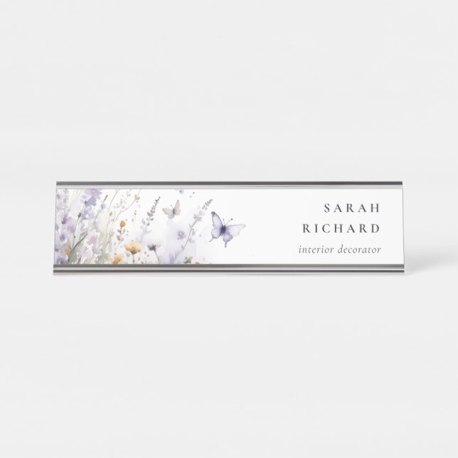 Chic Lilac Purple Wildflower Butterfly Watercolor Desk Name Plate (Front)