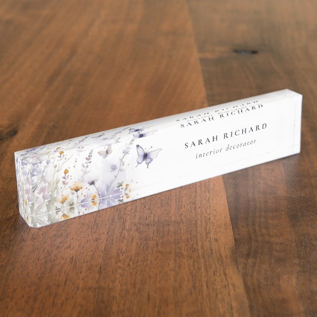 Chic Lilac Purple Wildflower Butterfly Watercolor Nameplate (Side)