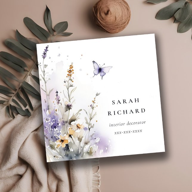 Chic Lilac Purple Wildflower Butterfly Watercolor Square Business Card (Creator Uploaded)