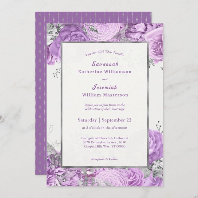 Chic Lilac Silver Floral Customisable Wedding Invitation (Front/Back)