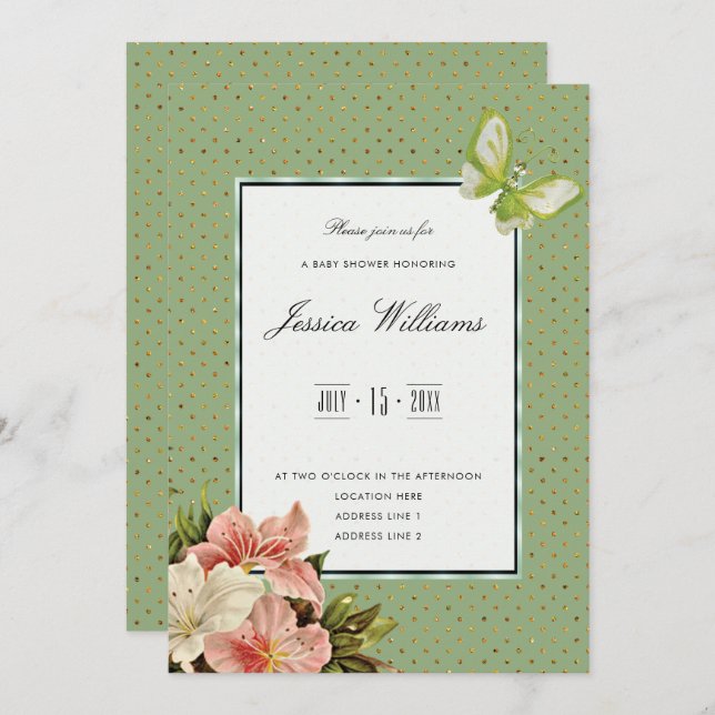Chic Lilies & Gem Butterfly Baby Shower Invitation (Front/Back)