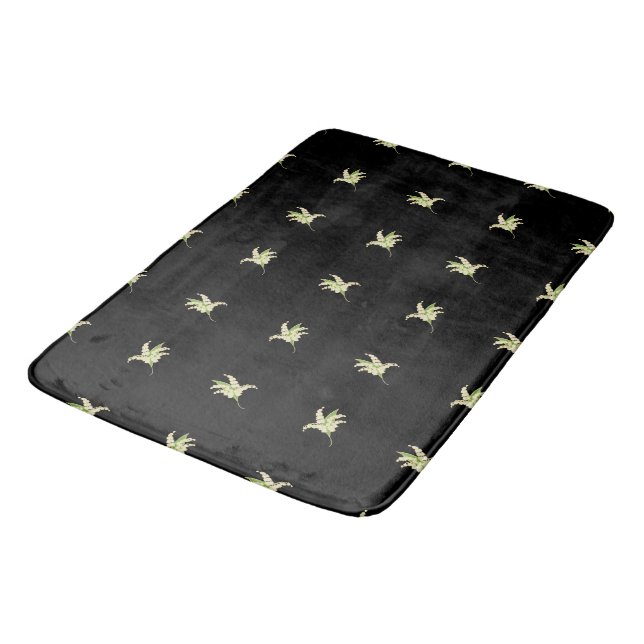 Chic Lily-of-the-Valley Floral Motif Black Bath Mat (Angled)
