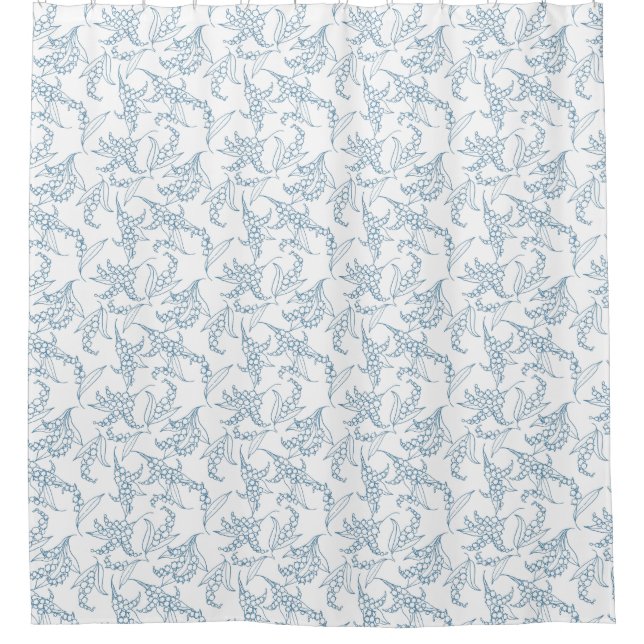 Chic Lily-of-the-Valley Floral Motif Blue on White Shower Curtain (Front)