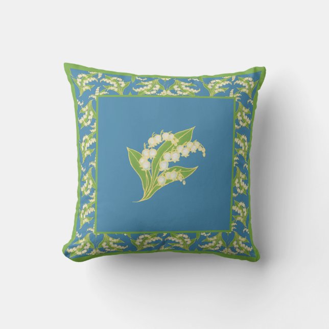 Chic Lily-of-the-Valley on Blue with Border Cushion (Front)