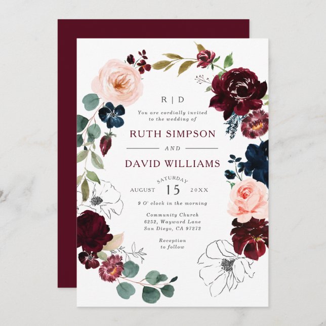 Chic Line Art Burgundy Navy Floral Blossom Wedding Invitation (Front/Back)